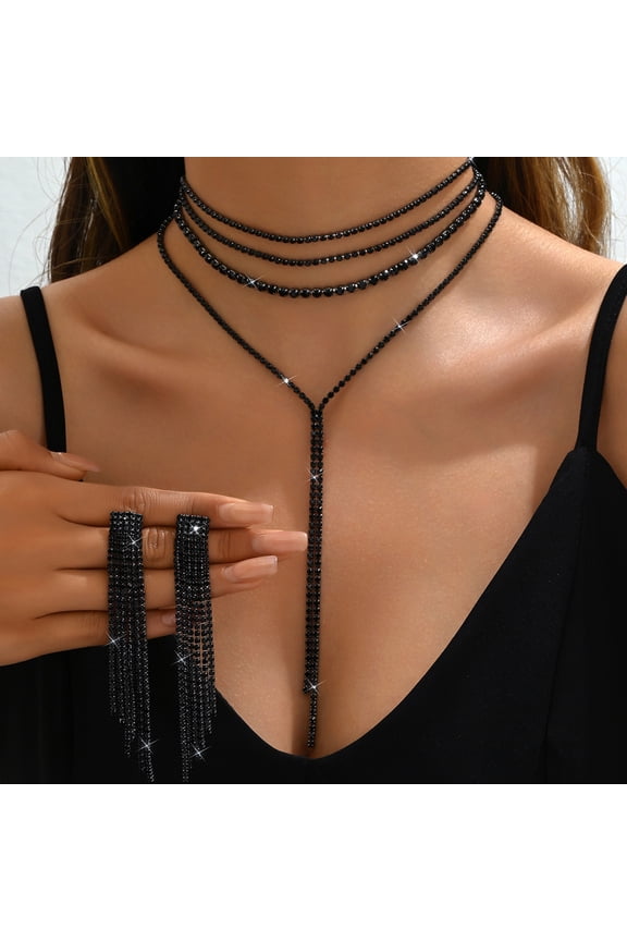 2 Pcs/Set Women Necklace Earrings Set for Formal Banquet And Prom Multi-layered Tassel Rhinestone Adjustable Chain Wedding Bride Star Celebrity Jewelry Set