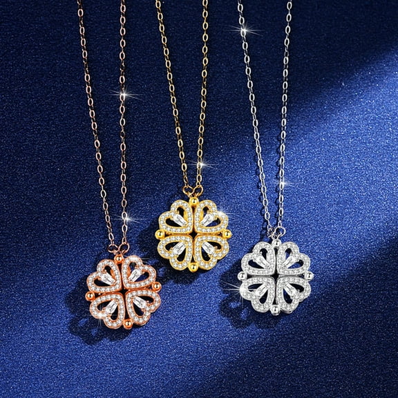 SmartBy 2 in 1 Four Leaf Clover Pendant Necklace Convertible Heart Shaped Cubic Zirconia Charm Jewelry for Women Valentine's Day Gift