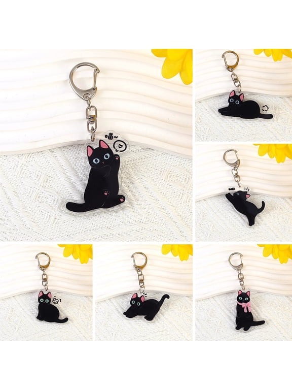 2D Flat Acrylic Cat Charm Keychain Pendant Black Cat Hanging Decoration Car Rearview Mirror Accessories Car Interior Decor
