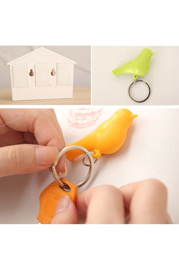 2Pcs Bird Keychain + 1Pc Sparrow Birdhouse Home Wall Mount Key Ring Holder Decor