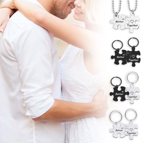 2Pcs Couple Keychain Necklace Together Better Puzzle Stainless Steel DIY Key Ring Holder Backpack Pendant Ornament Boyfriend Girlfriend Gift