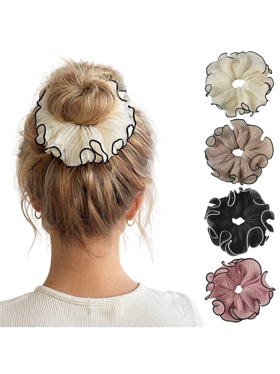 2Pcs Hair Ties for Women, Soft Fabric Oversized Hair Ropes, Ruffled Design Back Head Bun Hair Bands, Hair Accessories for Daily Life School Office Parties Weddings