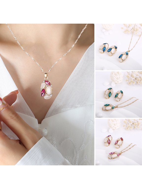 2Pcs/Set Luxury Oval Faux Opal Pendant Ear Studs Necklace Set Shining Rhinestone Decor Women Elegant Earring Necklace Set