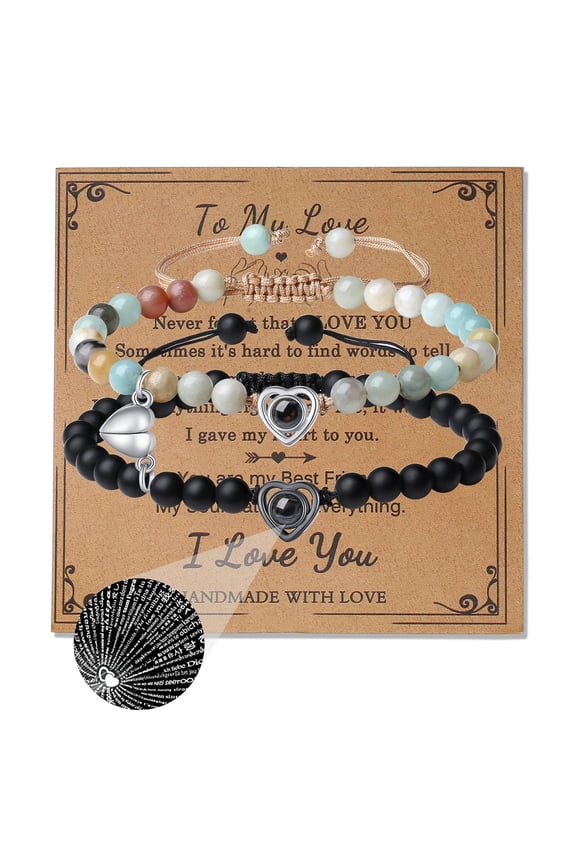 2Pcs/Set His Her Matching Bracelets Projection 100 Languages I Love You Couple Bracelets Heart Pairing Adjustable Beads Bracelets Jewelry Gift