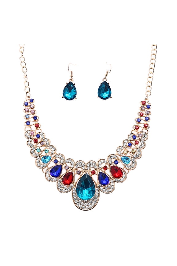 2Pcs/Set Teardrop Rhinestone Statement Bib Necklace Earrings Bridal Jewelry Gift