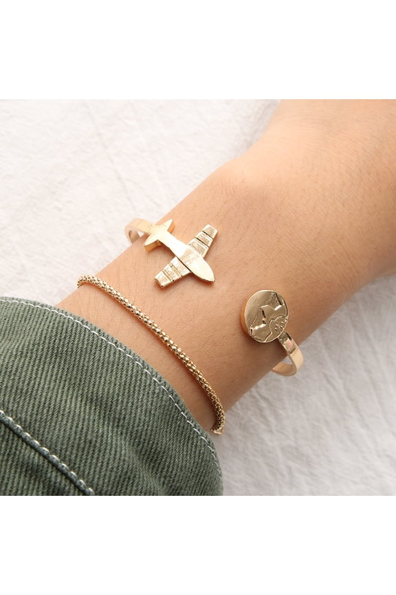 2Pcs/Set Women Map Plane Open Bangle Bracelet Wrist Chain Decorative Jewelry