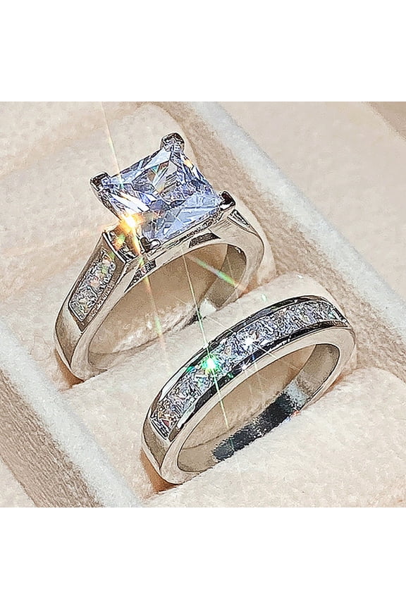 2Pcs/Set Women Ring Set Zinc Alloy Metal Rings with Rhinestones Claw Bezel Setting Classic Style Wedding Finger Bands