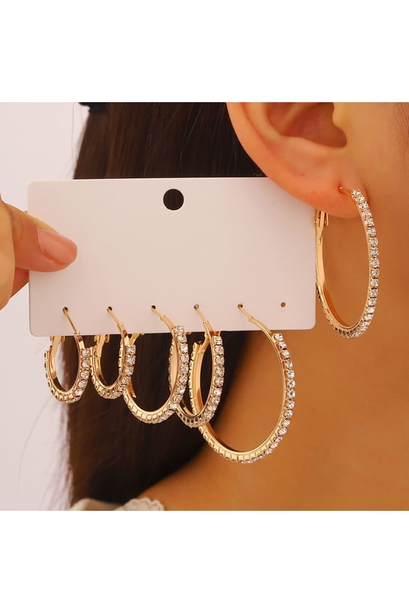 3 Pairs Women Earrings Ear-Pin Closure Stable Wearing Structure Multi-Size Hoop Earrings with Rhinestones Inlaid Jewelry Gift
