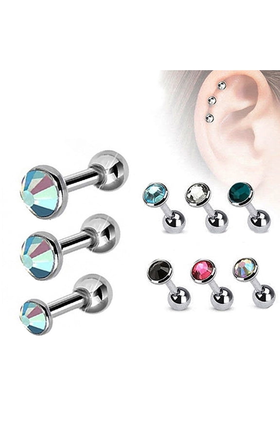 3 Pcs Rhinestone Ear Studs Fashion Tragus Helix Bar Cartilage Piercing Earrings