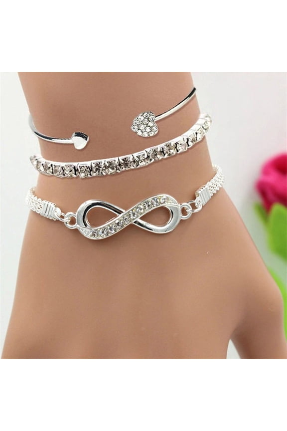 3 Pcs/Set Women Bracelets Rhinestone Decor Hollow Infinite Symbol Heart Adjustable Stackable Wrist Jewelry Lady Prom Party Wedding Bangle Set