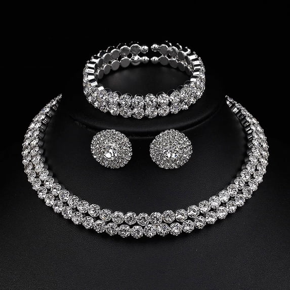 SmartBy 3 Pcs/Set Women Jewelry Set Rhinestone Double-layered Floral Decor Necklace Earrings Bracelet Set Adjustable Length Bride Wedding Jewelry for Prom Banquet