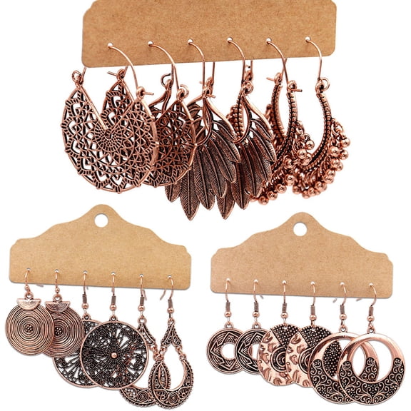 SmartBy 3Pairs Boho Gypsy Women Feather Round Hollow Dangle Hook Earrings Party Jewelry