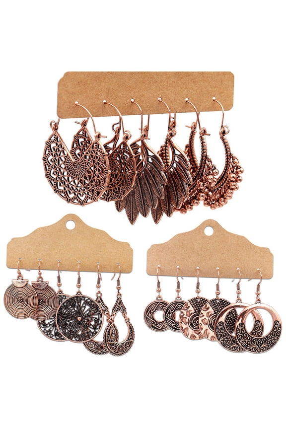 3Pairs Boho Gypsy Women Feather Round Hollow Dangle Hook Earrings Party Jewelry