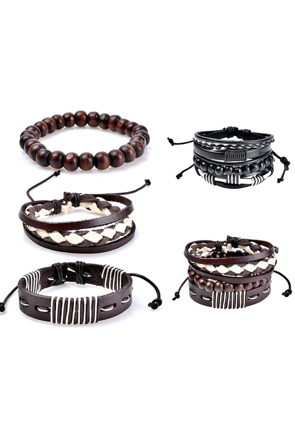 3Pcs Retro Braided Wooden Beads Faux Leather Bracelets Bangles Jewelry for Men