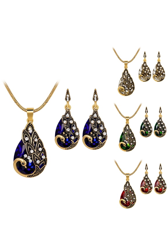 3Pcs Rhinestone Earrings Jewelry Fake Gemstone Peacock Pendant Fashion Necklace