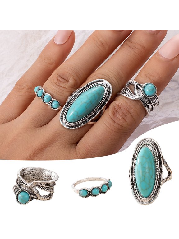 3Pcs/Set Women Finger Ring Set Bohemia Style Irregular Faux Turquoise Decor Wide Finger Band Jewelry Gift