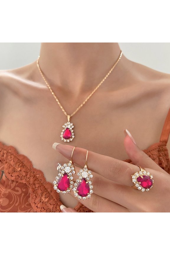 3Pcs/Set Women Jewelry Set Sparkling Rhinestones Pendant Necklace Drop Earrings Adjustable Ring Set Jewelry Gift