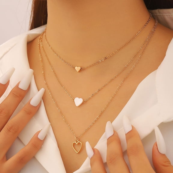 SmartBy 3Pcs/Set Women Necklace Three-Layer Stacking Design Heart Charm Choker Necklace Adjustable Length Layered Jewelry
