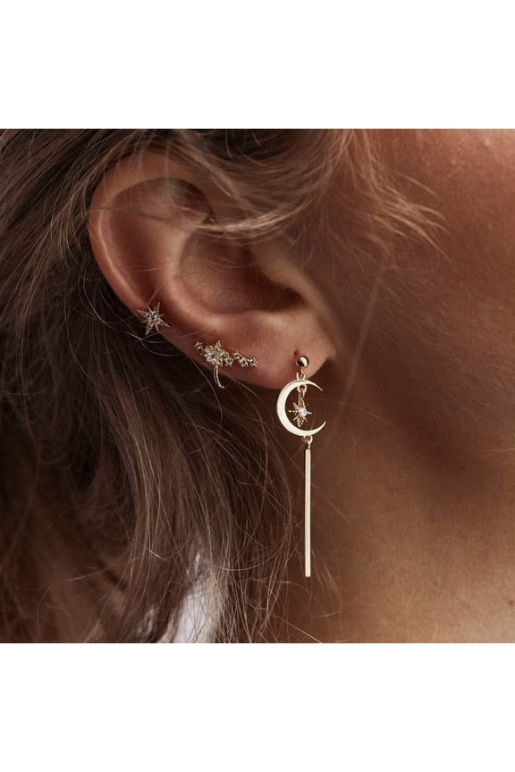 3Pcs Women Rhinestone Star Moon Bar Fashion Ear Studs Earrings Set Party Jewelry