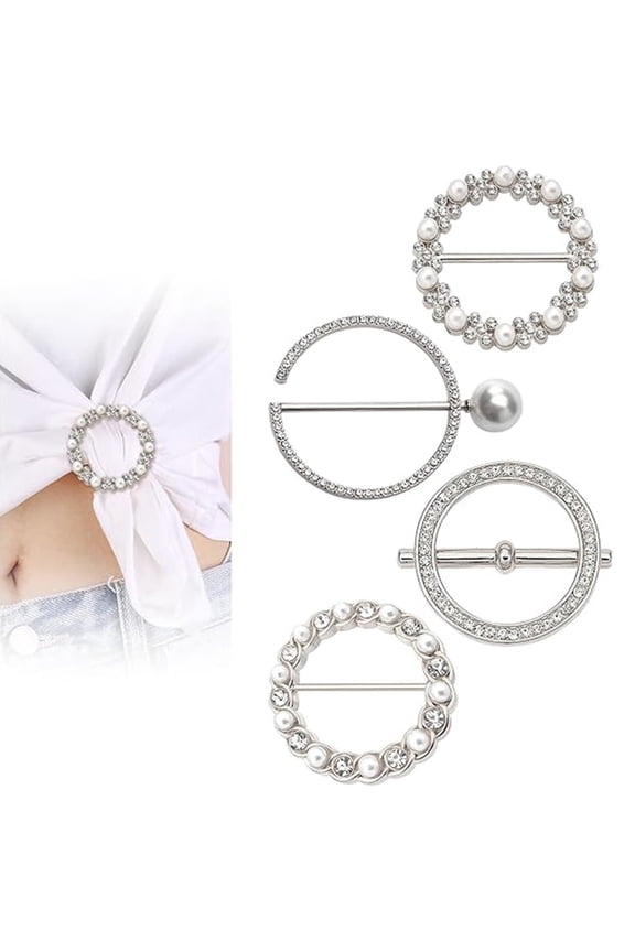 4 Pcs Clothes Corner Knotted Buttons Round Circle Shape Faux Pearl Rhinestone Decor Scarf Ring Clips T-shirt Ties Clips Shirt Tighten Clips
