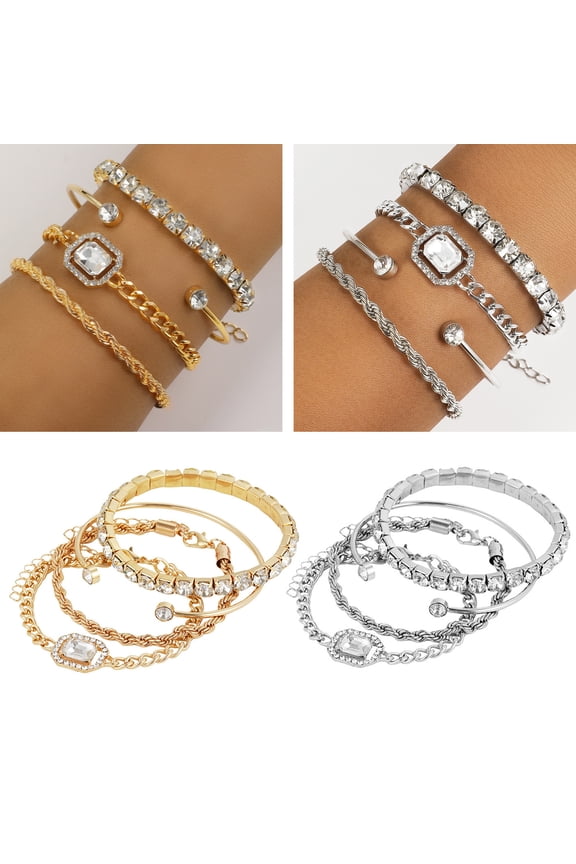 4 Pcs Rhinestone Bracelets for Women Multiple Layered Stackable Bracelet Open Cuff Wrap Bangle Adjustable Link Cuban Punk Jewelry for Women Girls Gift