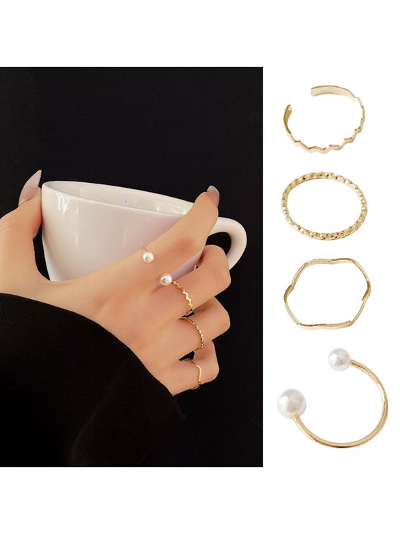 4 Pcs/Set Women Ring Set Different Shape Irregular Faux Pearl Polished Smooth Open Adjustable Stainless Solid Color Punk Metal Birthday Gift Commute Knuckle Ring Finger Jewelry