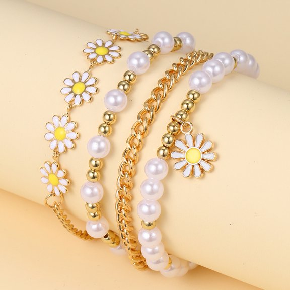 SmartBy 4 Pcs Women Bracelet Set Adjustable Length Hollow Out Chain Faux Pearl Flower Polished Stainless Lightweight Bohemian Bangle Wrist Jewelry