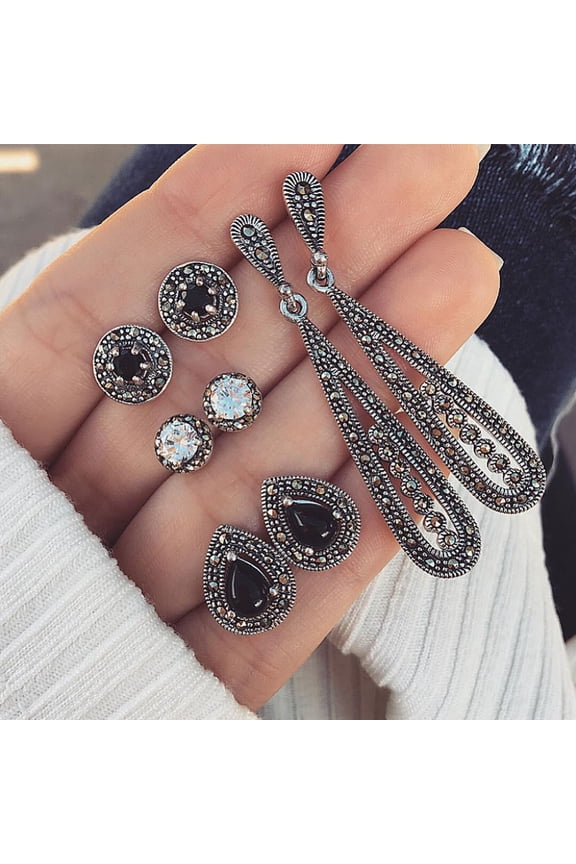 4Pairs Bohemian Women Cubic Zirconia Round Drop Ear Studs Linear Earrings Set