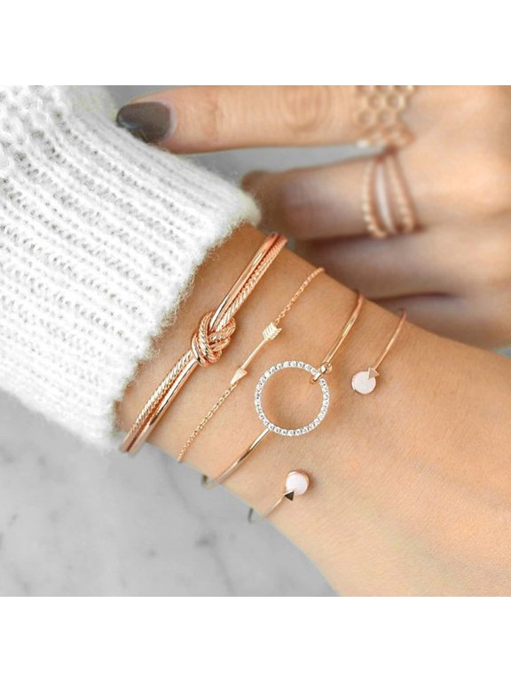 4Pcs/Set Fashion Knotted Circle Arrow Rhinestone Opening Bangles Women Bracelets for Party