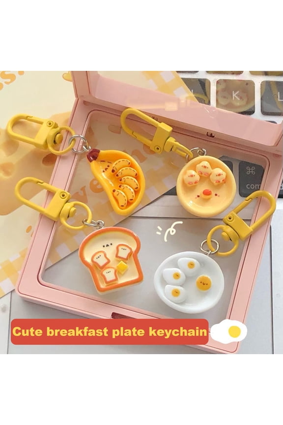 4Pcs/Set Poached Egg Keychain Cartoon Food Pendant Funny Simulated Breakfast Plate Charm Wallet Handbag Car House Decoration
