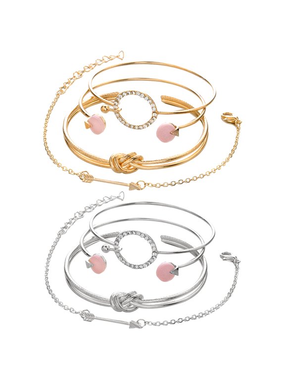 4Pcs/Set Women Knot Arrow Rhinestone Inlaid Circle Charm Bracelet Bangle Jewelry