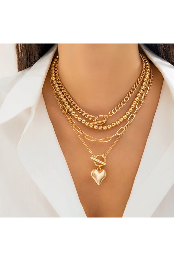 4Pcs/Set Women Necklace Set Heart Pendant Round Paper Clip Chain Electroplated Necklace Adjustable Extended Chain Necklace