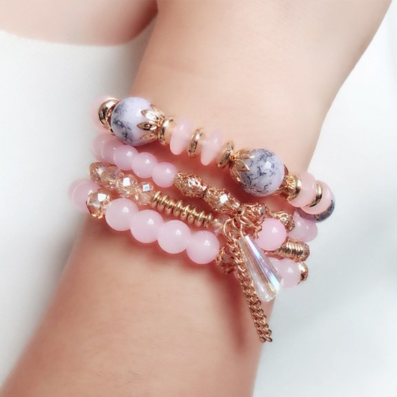 SmartBy 4Pcs Women Bracelets Faux Crystal Smooth Multi Pendant Jewelry Retro Bohemian Style with Elastic Cord Multi-layered Stackable Bracelet Set