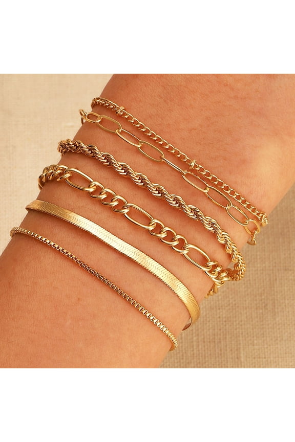 5/6 Pcs/Set Women Stacking Bracelet Set Retro Hip Hop Style Snake Bone Chain Different Hollow Chain Adjustable Golden Color Multi-layered Polished Wrist Jewelry Set