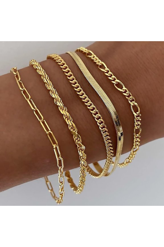 5 Pcs Women Bracelet Lobster Clip Closure Adjustable Hollow Chain Solid Color Wristband Polished Bohemian Style Daily Wear Party Wrist Jewelry