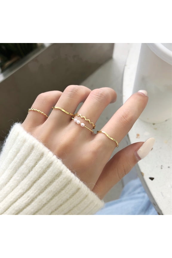 5Pcs Finger Rings Wavy Japan Korean Style Faux Pearls Jewelry Electroplating Stackable Rings Set for Wedding Party Banquet Prom
