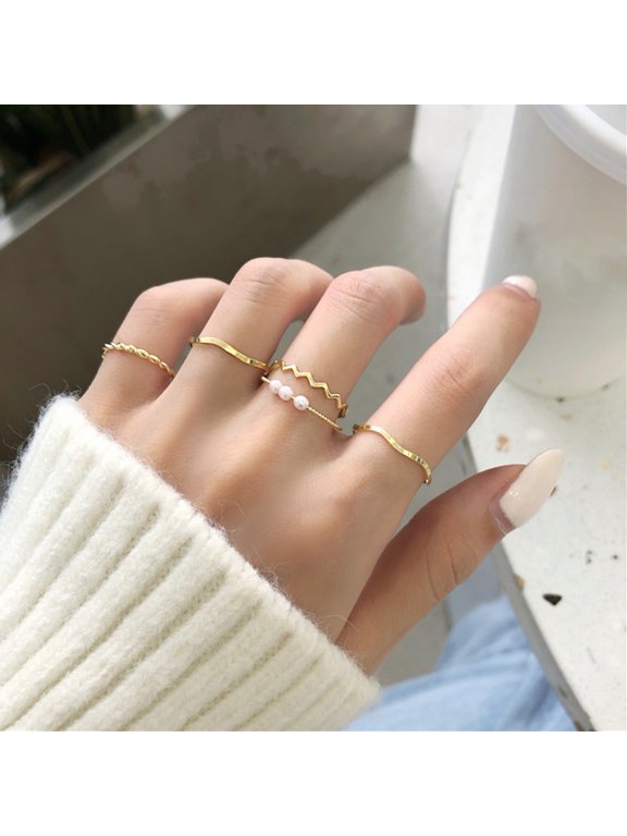 5Pcs Finger Rings Wavy Japan Korean Style Faux Pearls Jewelry Electroplating Stackable Rings Set for Wedding Party Banquet Prom