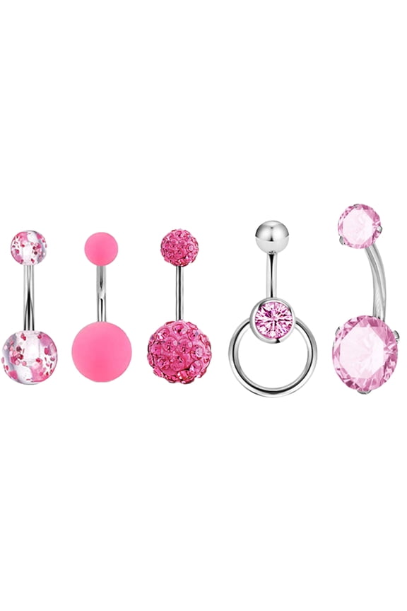 5Pcs/Set Women Navel Rings Geometric Decorative Cubic Zirconia Belly Button Bar Rings Body Piercing Jewelry for Beach