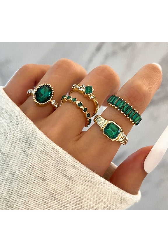5Pcs/Set Women Shining Rhombus Waterdrop Shape Ring Shining Faux Gemstone Stackable Finger Ring Gift Fashion Accessories