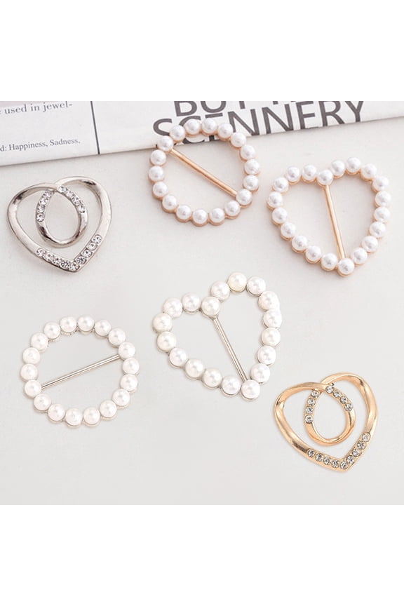6 Pcs Clothes Corner Knotted Buttons Round Circle And Heart Shape Faux Pearl Rhinestone Decor Scarf Ring Clips T-shirt Ties Clips Shirt Tighten Clips