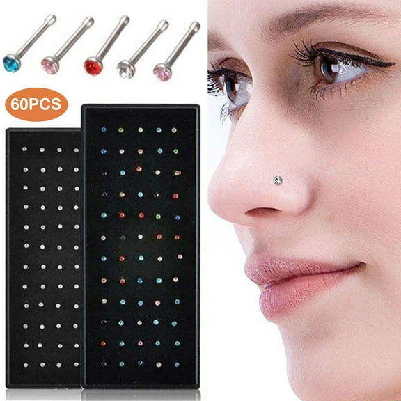 SmartBy 60Pcs Nose Rings Piercing Attractive Rhinestone Comfortable to Wear Shiny Body Jewelry Hypoallergenic Stainless Steel Nose Studs Rings Jewelry Accessory