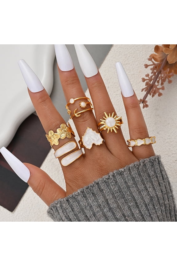 6Pcs Titanium Steel Statement Rings Open Adjustable Flower Heart Sun Designs Minimalist Unique Jewelry for Women Rust-Proof Hypoallergenic Gift for Party Daily Wear