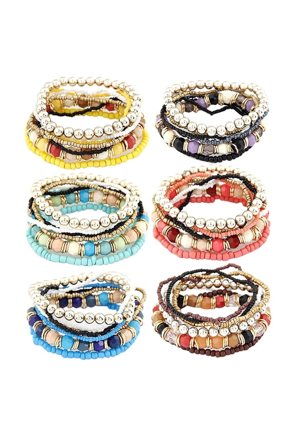 7Pcs/Set Women Boho Bohemian Mix Style Multilayer Elastic Beaded Bracelets for Banquet Party