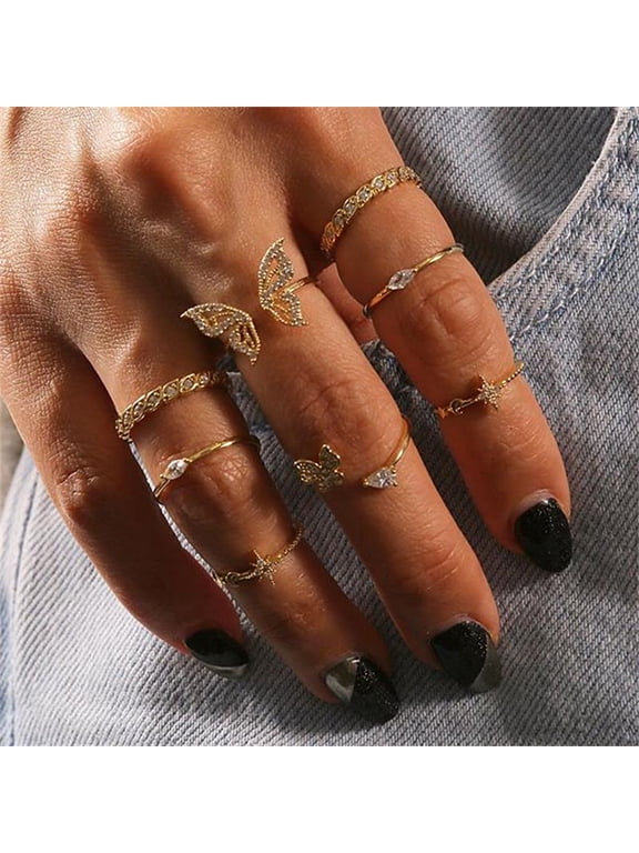 8Pcs Knuckle Rings Butterfly Flower Rhinestone Women Exquisite Animal Element Rings Jewelry Accessories