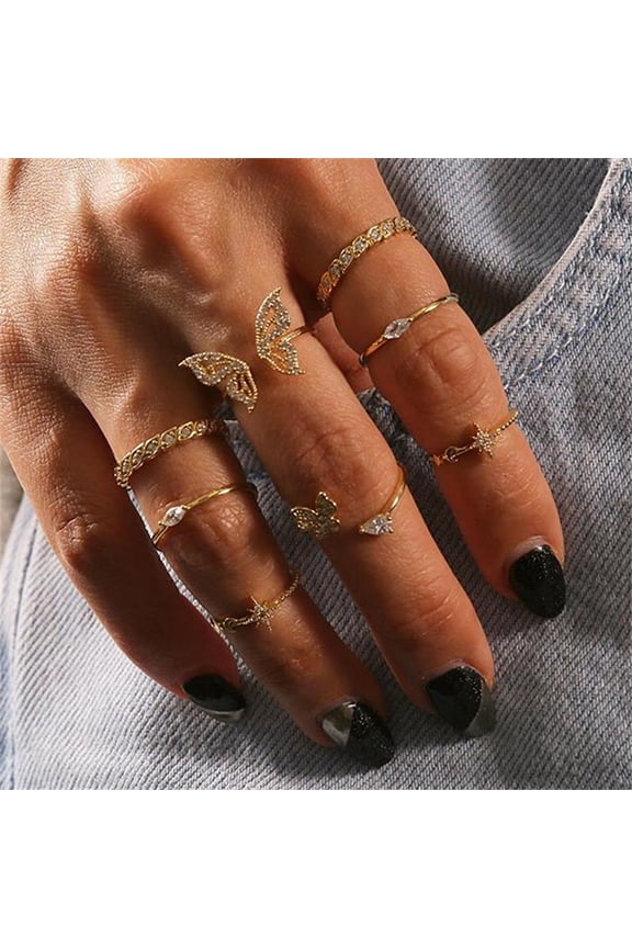 8Pcs Knuckle Rings Butterfly Flower Rhinestone Women Exquisite Animal Element Rings Jewelry Accessories