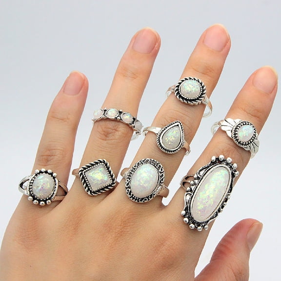 SmartBy 8Pcs/Set Square Stackable Knuckle Rings Silver Color Ethnic Style Faux Gem Finger Rings Jewelry Accessory