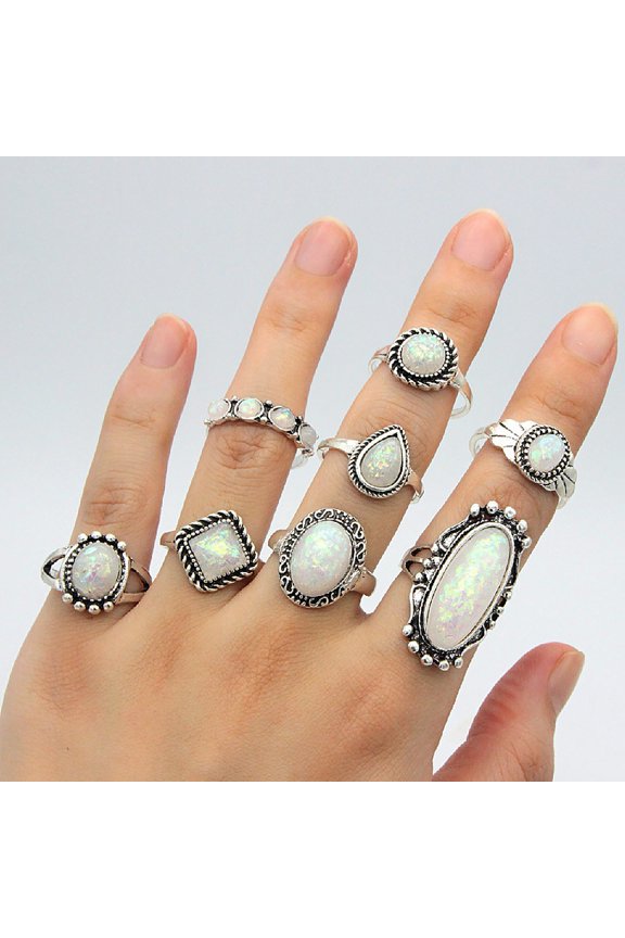 8Pcs/Set Square Stackable Knuckle Rings Silver Color Ethnic Style Faux Gem Finger Rings Jewelry Accessory