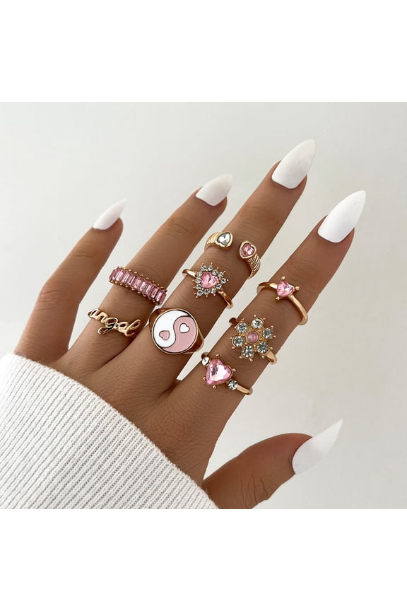 8Pcs/Set Women Shining Rhinestones Finger Ring Heart Flower Letter Shape Opening Stackable Ring Jewelry Gift Accessories