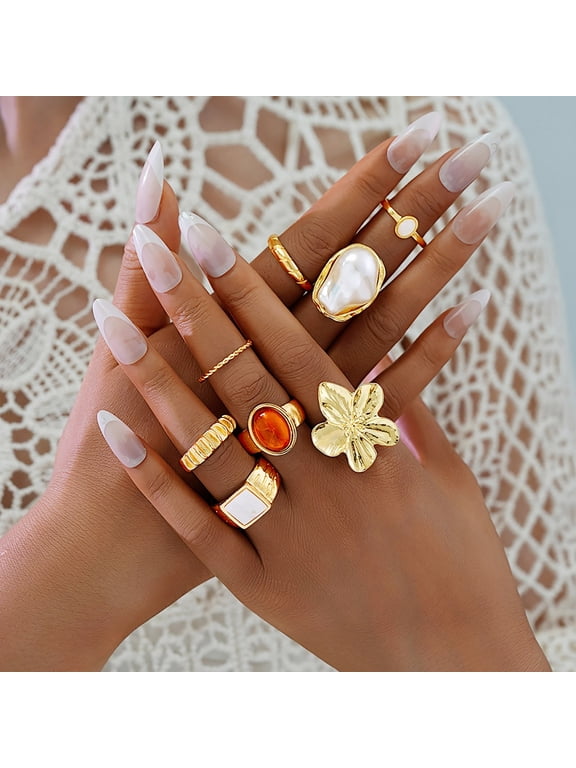 8Pcs/Set Women Stackable Rings Elegant Flower Irregular Faux Pearl Ring Retro Faux Gem Ring Jewelry for Parties Dates Gifts