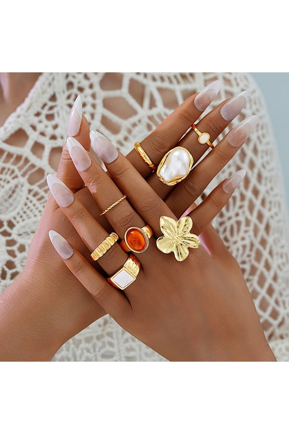 8Pcs/Set Women Stackable Rings Elegant Flower Irregular Faux Pearl Ring Retro Faux Gem Ring Jewelry for Parties Dates Gifts